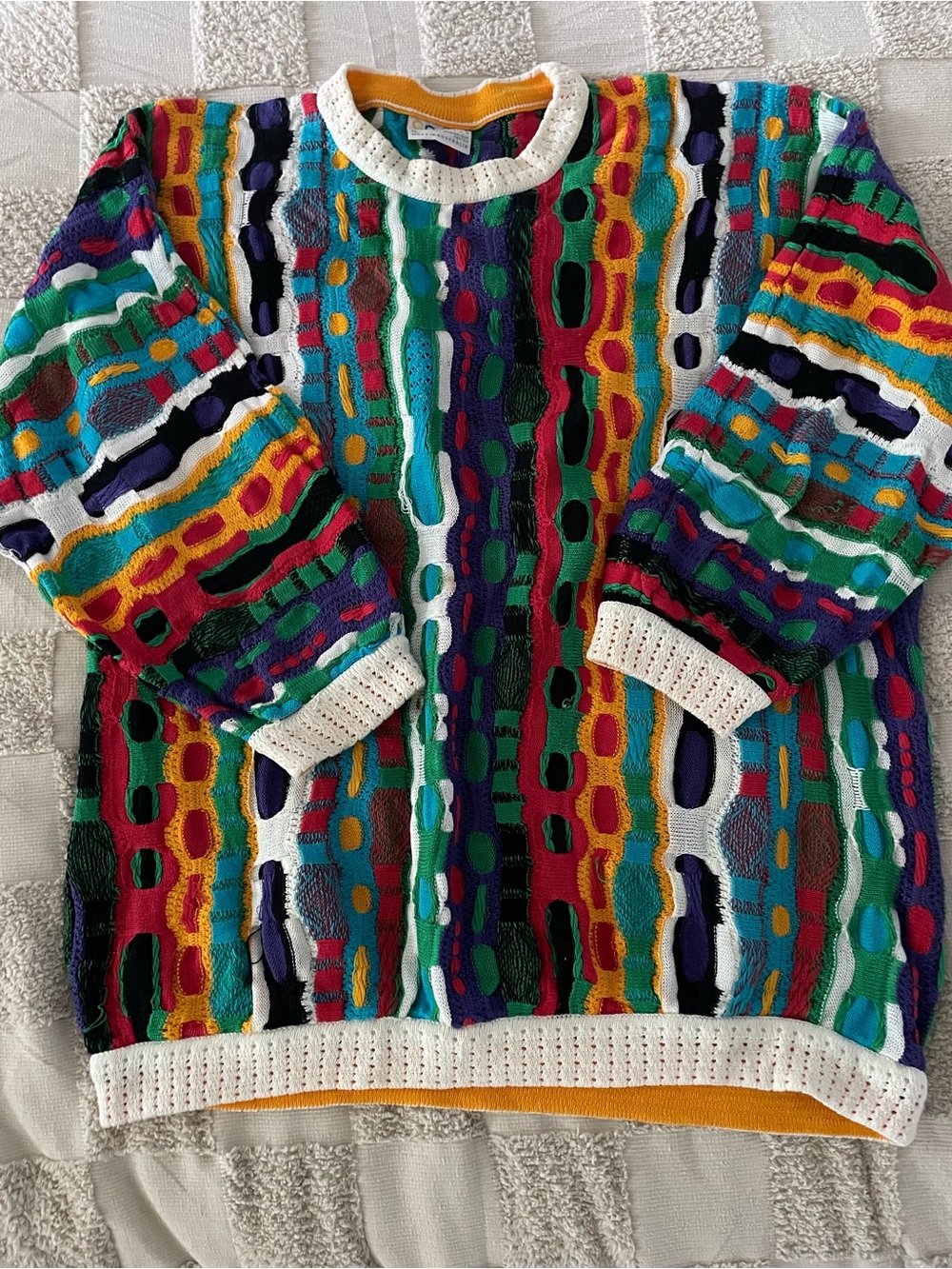 COOGI Multicolor Textured 3D Crewneck Sweater - Green Blue Red Yellow Purple XL